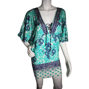 Nanette Lepore Swim Cover-Up Tunic XS Green Batiki Pullover Beach Resort Wear